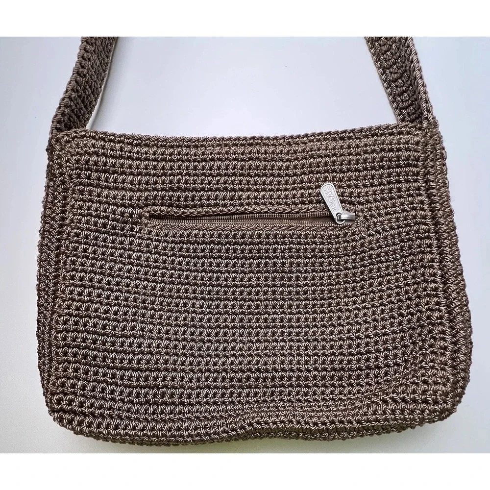 The Sak Purse Womens Brown Crochet Shoulder Bag Pockets Zip